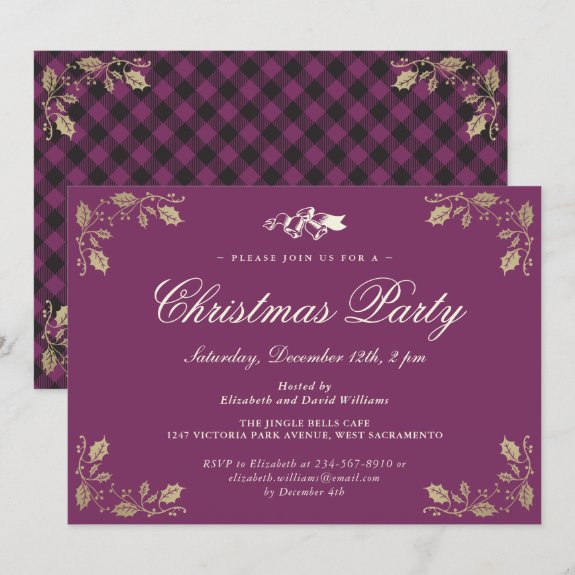 Purple Gold Plaid Christmas Holiday Party Invitation