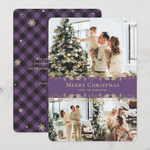 Purple Gold Plaid Elegant Photo Merry Christmas Holiday Card