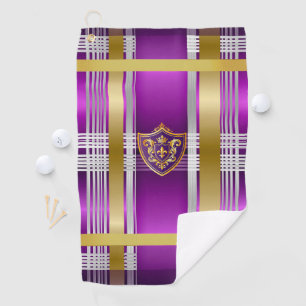 Purple Gold Plaid Fleur De Lis Golf Towel