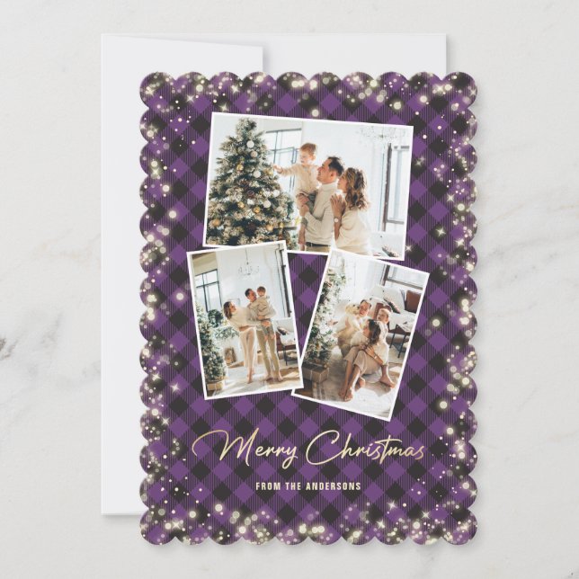Purple Gold Plaid Photo Collage Merry Christmas Holiday Card (Front)