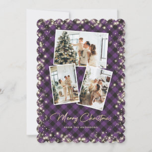 Purple Gold Plaid Photo Collage Merry Christmas Holiday Card