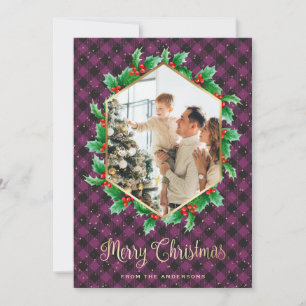 Purple Gold Plaid Snow Watercolor Photo Christmas Holiday Card