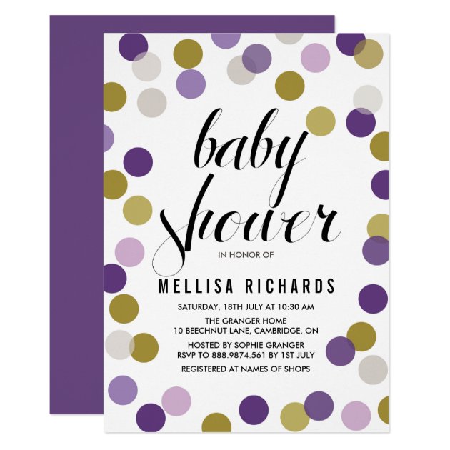 Purple & Gold Polka Dots Confetti Baby Shower Invitation