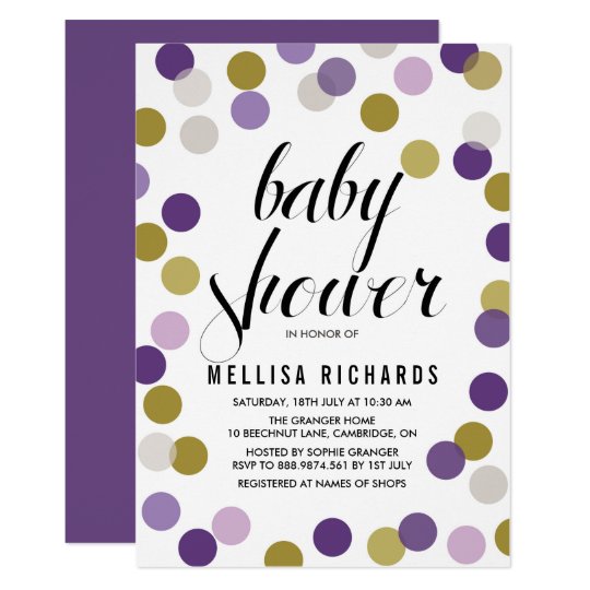 Purple &amp; Gold Polka Dots Confetti Baby Shower Invitation | Zazzle.com