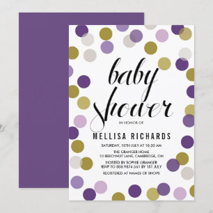 Purple & Gold Polka Dots Confetti Baby Shower Invitation