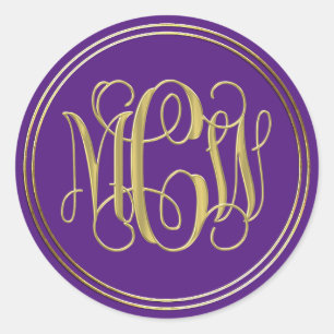 Purple Gold Preppy Vine Script Monogram DIY BG Classic Round Sticker