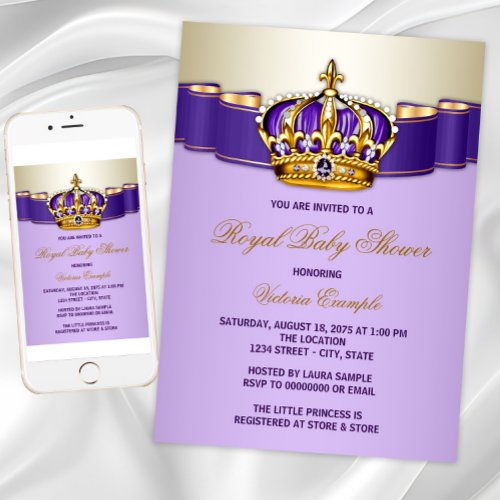 Purple Gold Princess Baby Shower Invitation