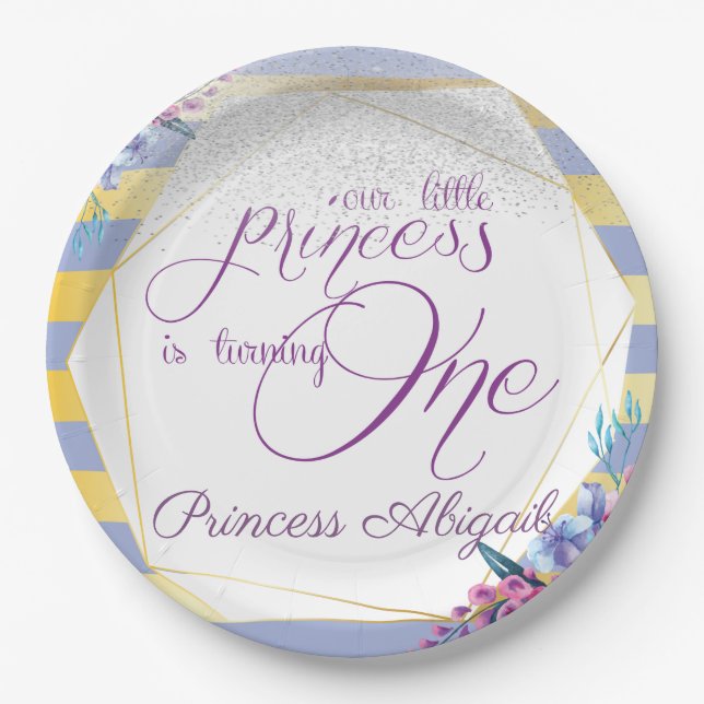 Purple Gold Princess Birthday Paper Plates (Front)