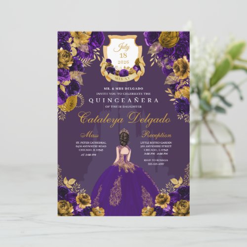 Purple  Gold Princess Castle Quinceaera Invitation