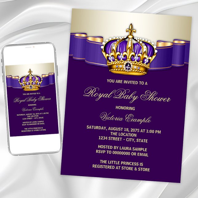 Purple Gold Princess Crown Baby Shower Invitation