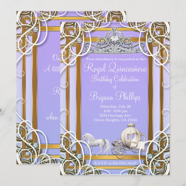 Purple Gold Princess Crown & Carriage Quinceañera Invitation (Front/Back)