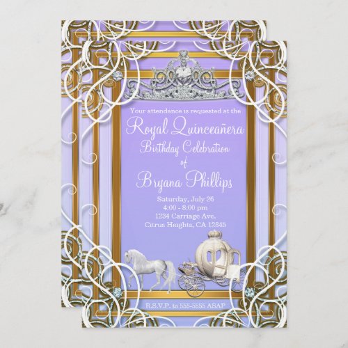 Purple Gold Princess Crown  Carriage Quinceaera Invitation