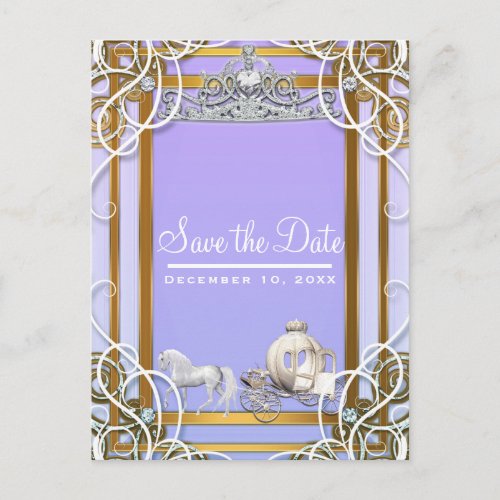 Purple Gold Princess Crown Carriage Save the Date Announcement Postcard