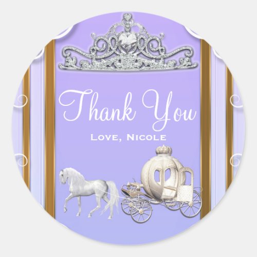 Purple Gold Princess Crown Carriage Sweet 16 Party Classic Round Sticker