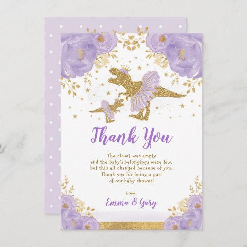 Purple Gold Princess Dinosaur Tutu Tiara Baby Girl Thank You Card