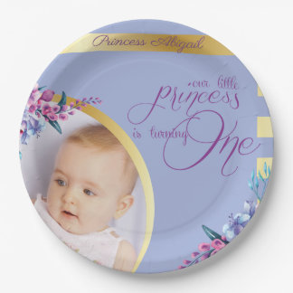 Purple Gold Princess Photo Birthday Paper Plates