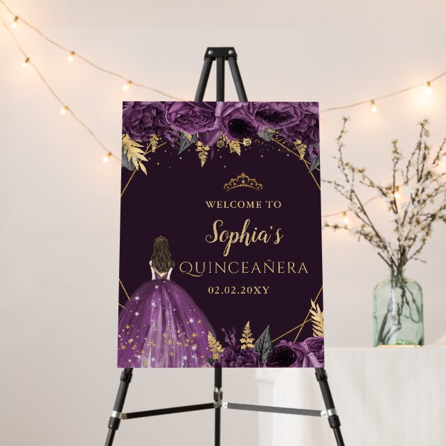 Purple Gold Princess Quinceañera Welcome Sign (In Situ (Stand))