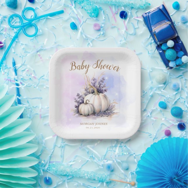 Purple Gold Pumpkin Autumn Baby Shower Paper Plates (Party)