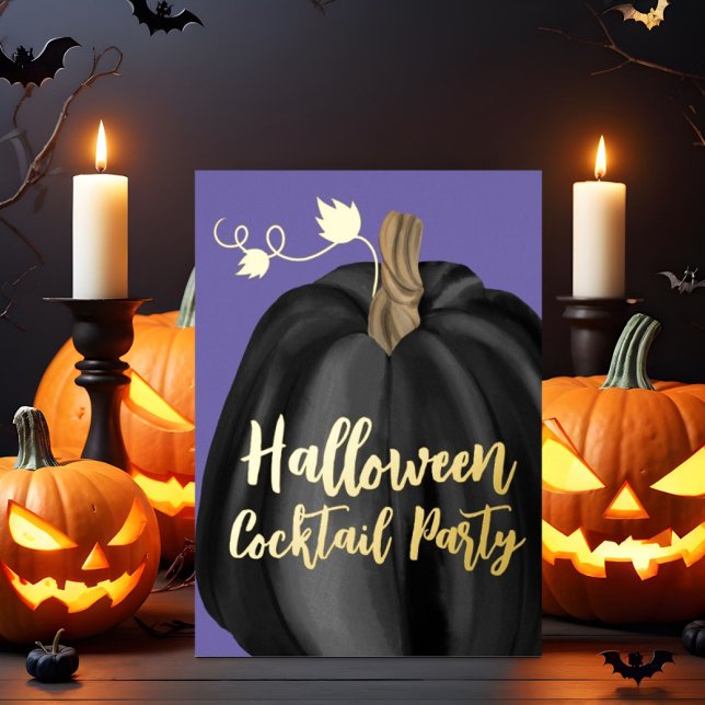 Purple Gold Pumpkin Halloween Cocktail Party  Foil Invitation (Purple Gold Pumpkin Halloween Cocktail Party Foil Invitation)