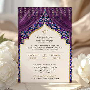 Purple Gold Quatrefoil QR Code Sikh Wedding Invitation