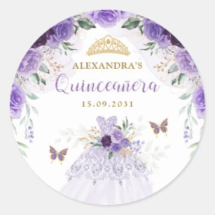 Purple Gold Quinceanera Birthday Party Favors Classic Round Sticker