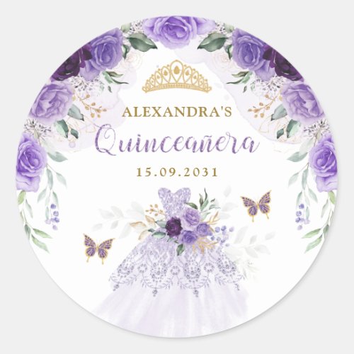 Purple Gold Quinceanera Birthday Party Favors Classic Round Sticker