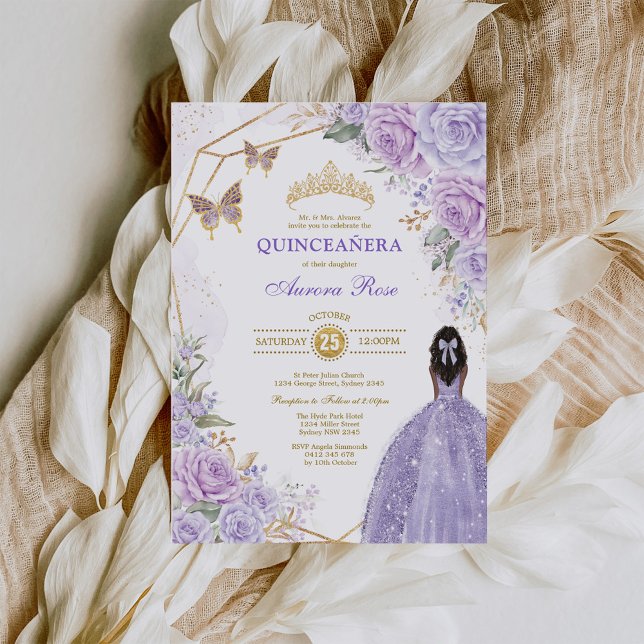 Purple Gold Quinceañera Brown Skin Butterfly Party Invitation (Creator Uploaded)
