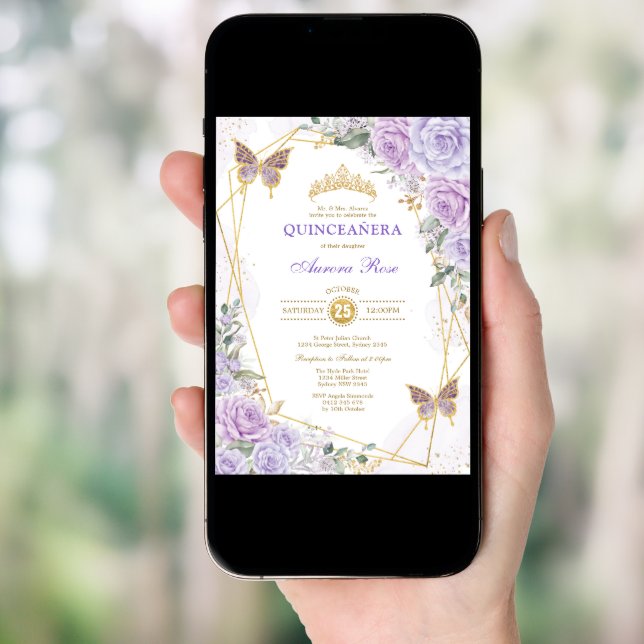Purple Gold Quinceañera Butterfly Roses Mis Quince Invitation (Front Digital)