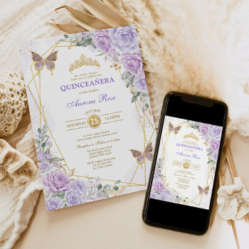 Purple Gold Quinceañera Butterfly Roses Mis Quince Invitation by BlueBunnyStudio at Zazzle