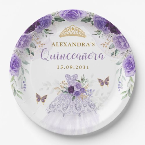 Purple Gold Quinceanera Dress Birthday Butterflies Paper Plates