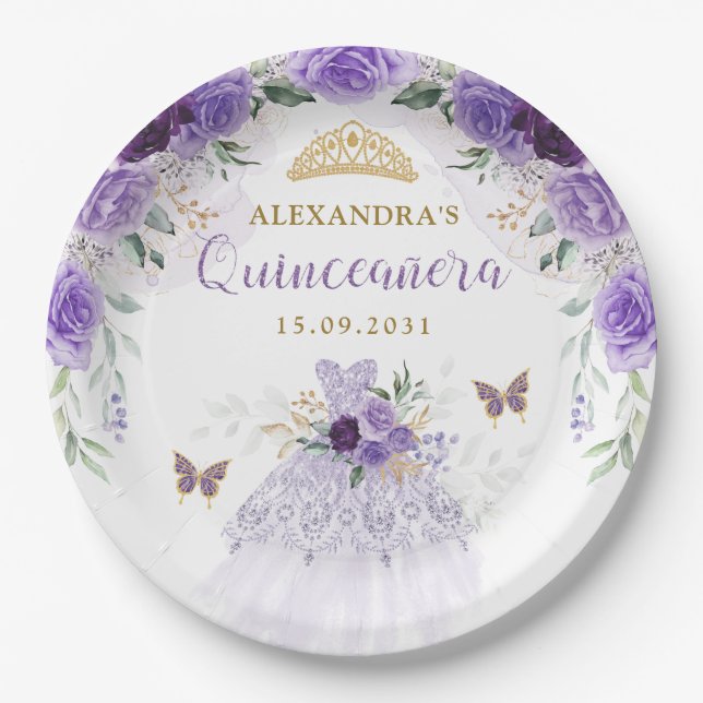 Purple Gold Quinceanera Dress Birthday Butterflies Paper Plates (Front)