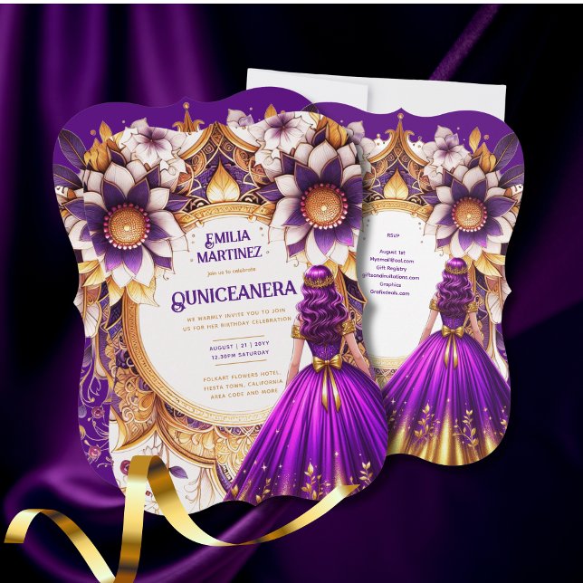Purple Gold Quinceañera Dress Princess Sweet16 Invitation (Creator Uploaded)