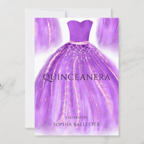 Purple  Gold Quinceanera Mermaid Dress Gown Party Invitation