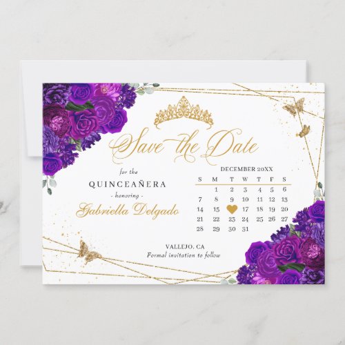 Purple  Gold Quinceaera Save The Date Invitation