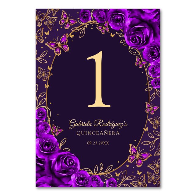 Purple Gold Quinceanera Table Number (Front)