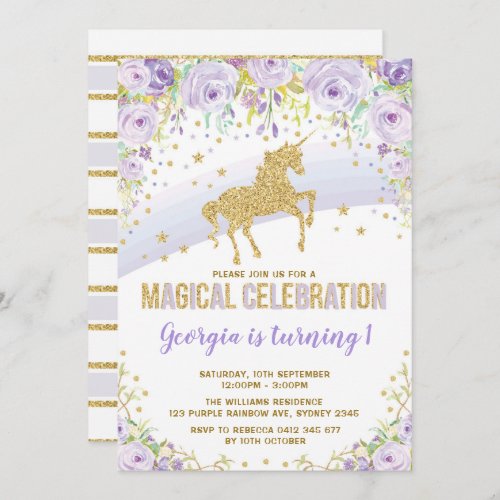 Purple Gold Rainbow Unicorn Birthday Party Invitation