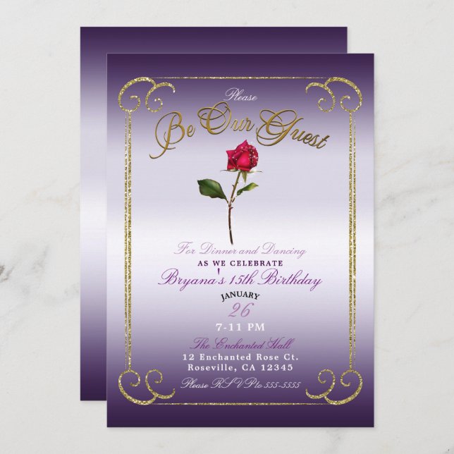 Purple & Gold Red Rose Beauty Birthday Party Invitation (Front/Back)