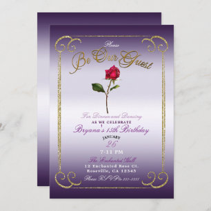 Purple & Gold Red Rose Beauty Birthday Party Invitation