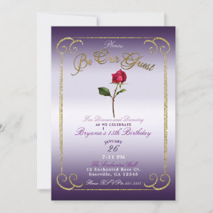 Purple & Gold Red Rose Beauty Birthday Party Invitation