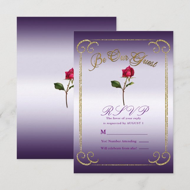 Purple & Gold Red Rose Beauty Wedding RSVP Reply  Invitation (Front/Back)