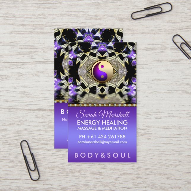 Purple Gold Reflection Mandala Holistic Healing Business Card (Front/Back In Situ)