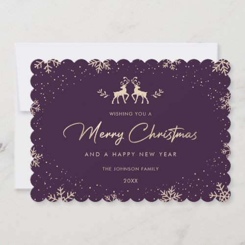 Purple Gold Reindeer Snowflake Holiday Card