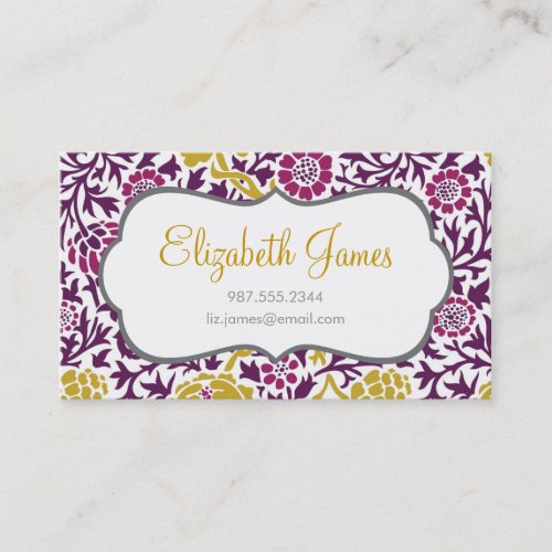 Purple &amp; Gold Retro Floral Damask Business Card