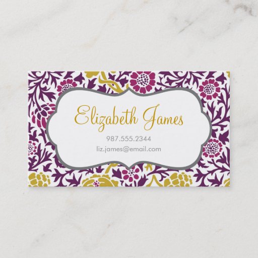 Customizable Purple &amp; Gold Retro Floral Damask Business Card