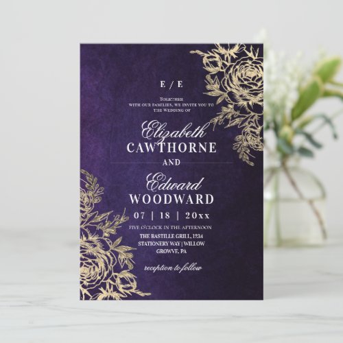 Purple & Gold⎮Rose Botanical Elegant Wedding Invitation