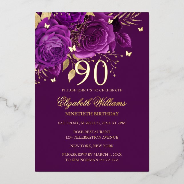 Purple Gold Rose Butterfly 90th Birthday  Foil Invitation (Front)