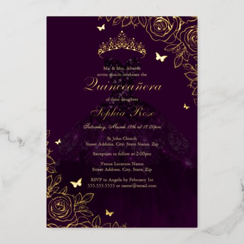 Purple Gold Rose Dress Quinceanera Foil Invitation