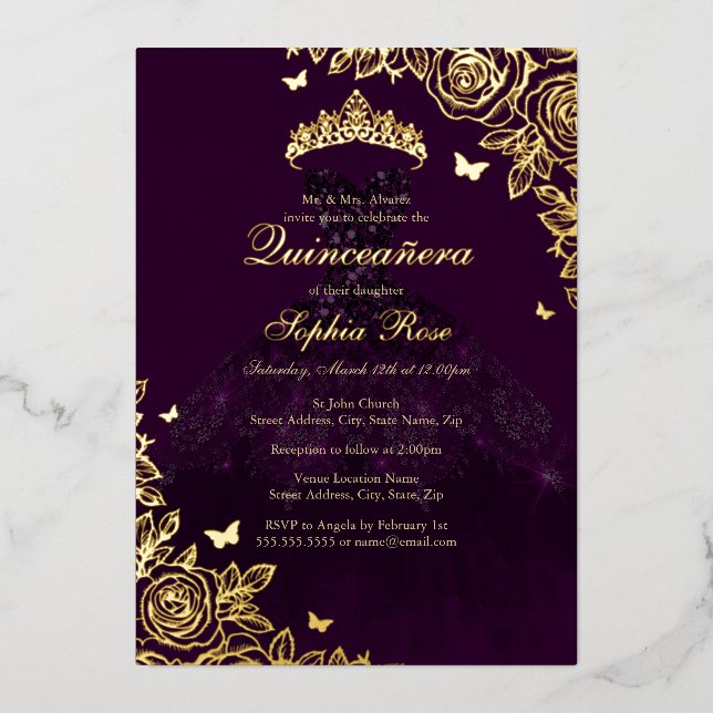 Purple Gold Rose Dress Quinceanera Foil Invitation (Front)