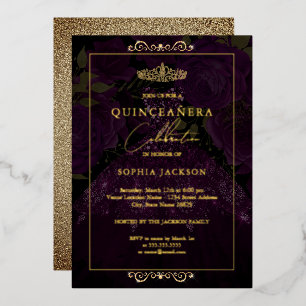 Purple Gold Rose Dress Quinceanera Foil Invitation