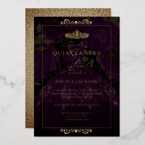 Purple Gold Rose Dress Quinceanera Foil Invitation